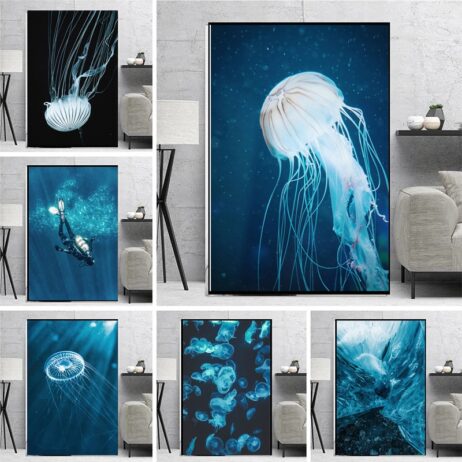 Underwater Jellyfish Canvas Painting – Posters and Prints Wall Art Pictures – No Frame