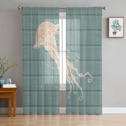 Jellyfish Cyan Wooden Texture Sheer Curtains