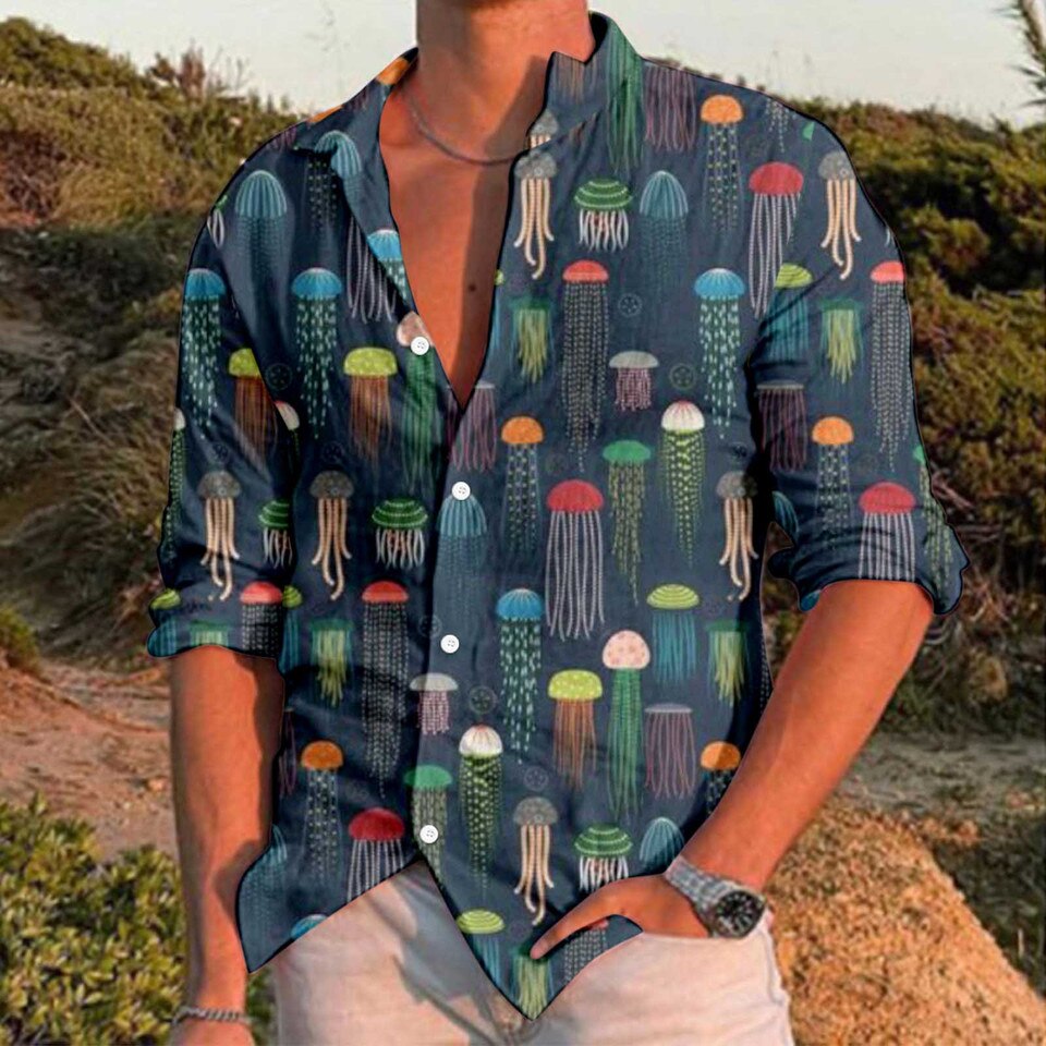 Jellyfish Printed Men Long Sleeves Shirts - Image 3