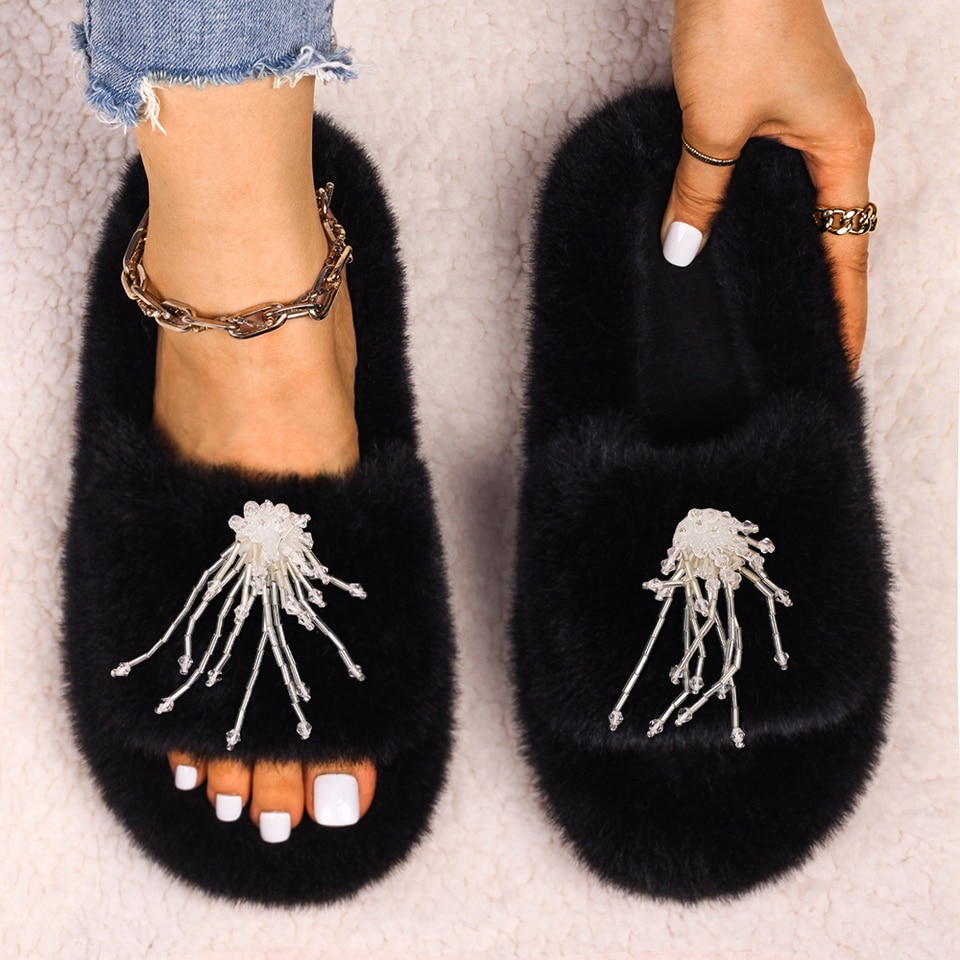 Fuzzy Jellyfish Slides - Flat Jellyfish Flip Flops - Luxury Jellyfish Fluffy Slippers - Jellyfish Beaded Tassels - Image 12