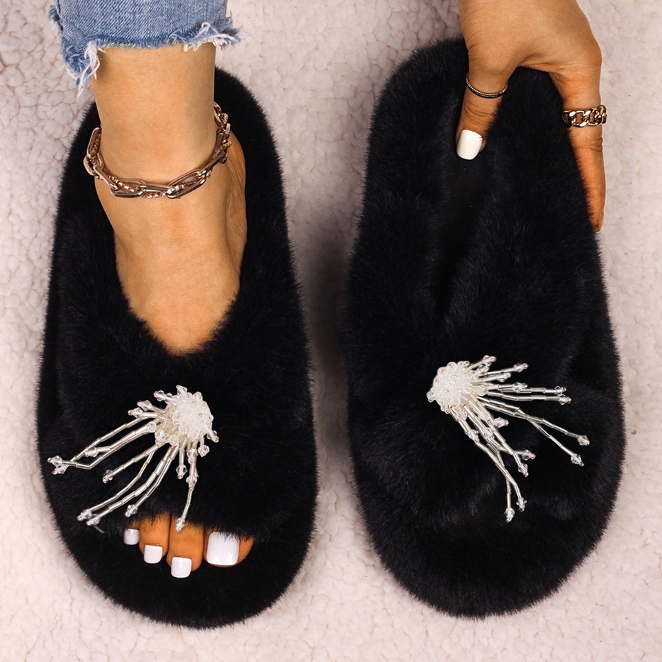 Fuzzy Jellyfish Slides - Flat Jellyfish Flip Flops - Luxury Jellyfish Fluffy Slippers - Jellyfish Beaded Tassels - Image 4