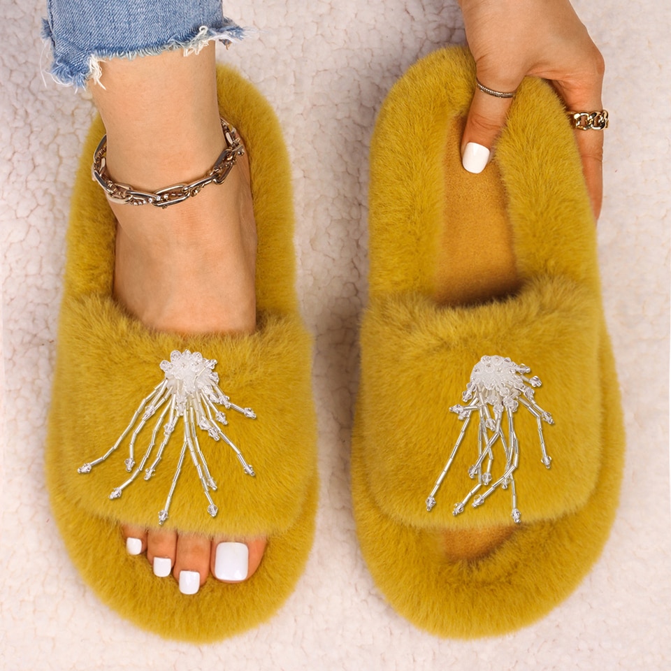 Fuzzy Jellyfish Slides - Flat Jellyfish Flip Flops - Luxury Jellyfish Fluffy Slippers - Jellyfish Beaded Tassels - Image 5