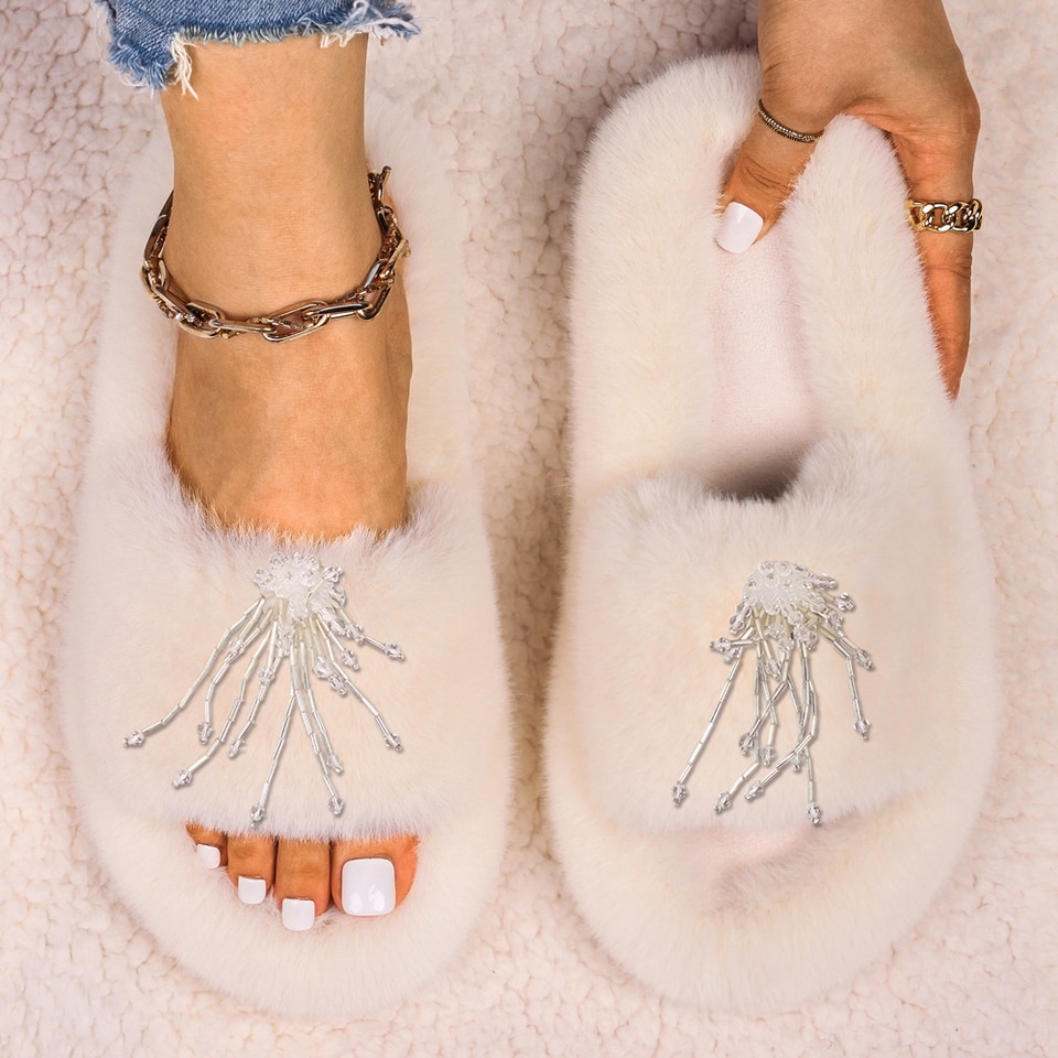 Fuzzy Jellyfish Slides - Flat Jellyfish Flip Flops - Luxury Jellyfish Fluffy Slippers - Jellyfish Beaded Tassels - Image 3