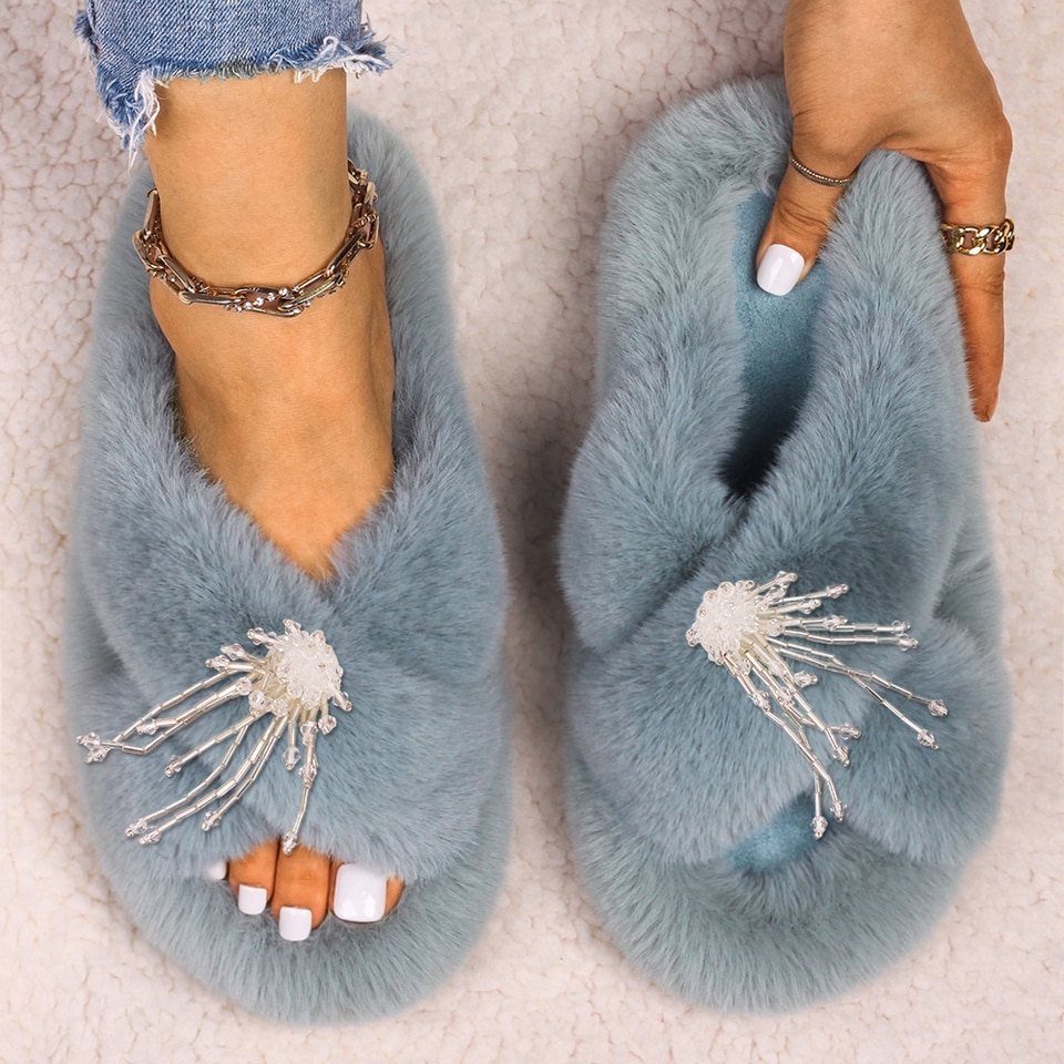 Fuzzy Jellyfish Slides - Flat Jellyfish Flip Flops - Luxury Jellyfish Fluffy Slippers - Jellyfish Beaded Tassels